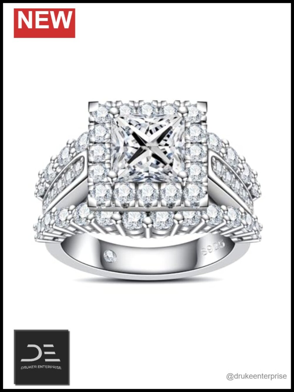 Moissanite Engagement Ring Princess Halo 925 Sterling Silver 3 Rows D Color VVS1